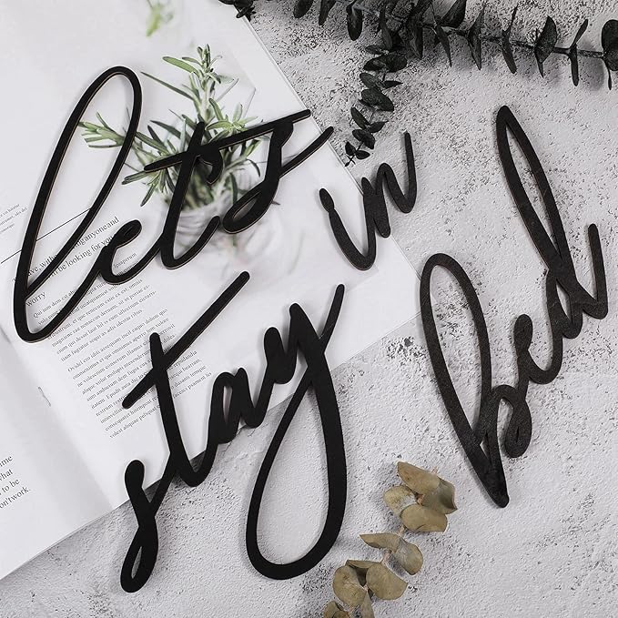 4 Pieces Let's Stay in Bed Wall Decor Rustic Bedroom Decoration Black 3D Wooden Letters Handmade Wood Summer Decor Love Quote Home Sign for Home Bedroom Apartment Office Hotel