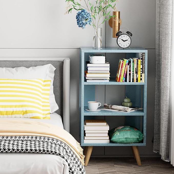 Night Stand, Blue Nightstand, Modern End Table with Open Storage, 3-Tier Nursery Bedside Table for Small Space, Living Room, Bedroom