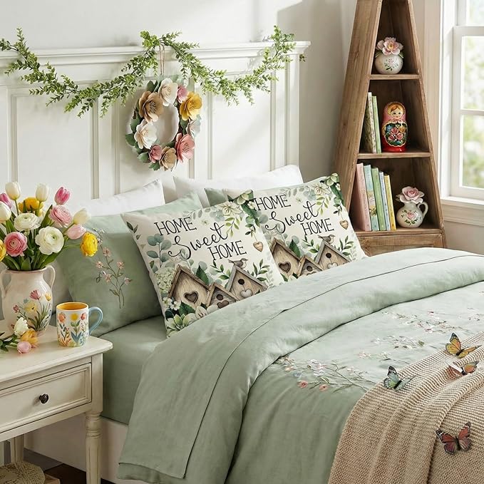 GEEORY Spring Home Sweet Home Pillow Covers Set of 2, 18x18 Inch Farmhouse Birdhouse Eucalyptus Decor Throw Pillow Cases for Sofa, Bedroom, Living Room