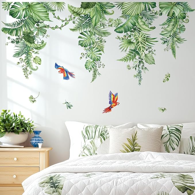 decalmile Hanging Tropical Leaves Wall Decals Green Plants Palm Leaf Vines Parrots Wall Stickers Living Room Bedroom TV Background Wall Decor