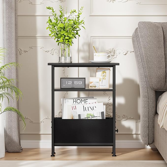 Narrow Small Side Table, End Table with 1 Fabric Drawer and Storage Shelf, 3-Tier Skinny Nightstand, Slim Bedside Table for Living Room, Bedroom, Black