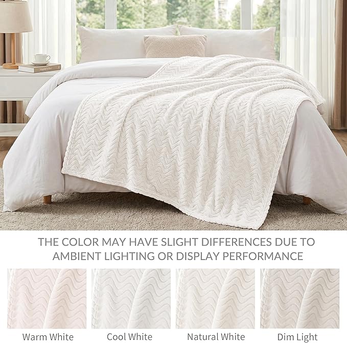 Exclusivo Mezcla Twin Blanket for Bed, Cozy Lightweight Fleece Blankets for All Season, Decorative Giftable Fuzzy Plush Wave Textured Suitable for Women, Men, Ivory, 90x66 Inches