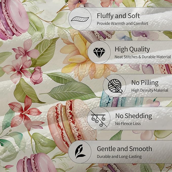 Macaron & Floral Blanket | Soft Fuzzy Warm Lightweight Flannel Throw Blanket Perfect for Couch, Bed, Travel & Outdoor Use, Cozy Blankets for Adults Kids Women 60×50 in