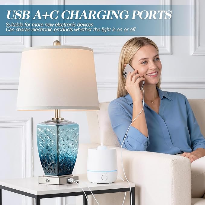QiMH Glass Table Lamps for Living Room, Modern Bedside Lamps for Night Stands with USB A+C Ports, 3-Way Dimmable Touch Lamp for Bedroom Set of 2 with White Linen Shade Home Decor, Blue