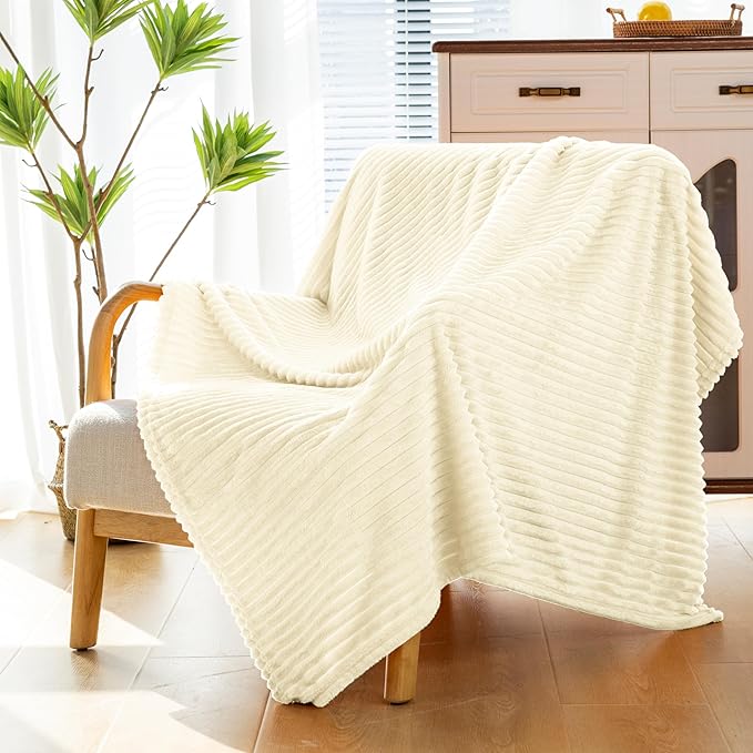 Vessia Flannel Fleece Cream Throw Blanket(50x71 Inch) for Couch with Pillow Cover(18 * 18 Inch), Warm Cozy Soft Striped Pattern Blanket, Microfiber Ivory Ribbed Sofa Throw for All Season