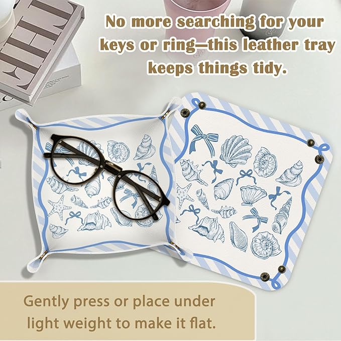 Coastal Beach Coastal Seashell Jewelry Valet Tray for Women, Beach Lovers Gifts PU Leather Catchall Beside Caddy Nightstand Organizer Tray for Jewelry Rings Watches and Accessories,7.87x7.87in