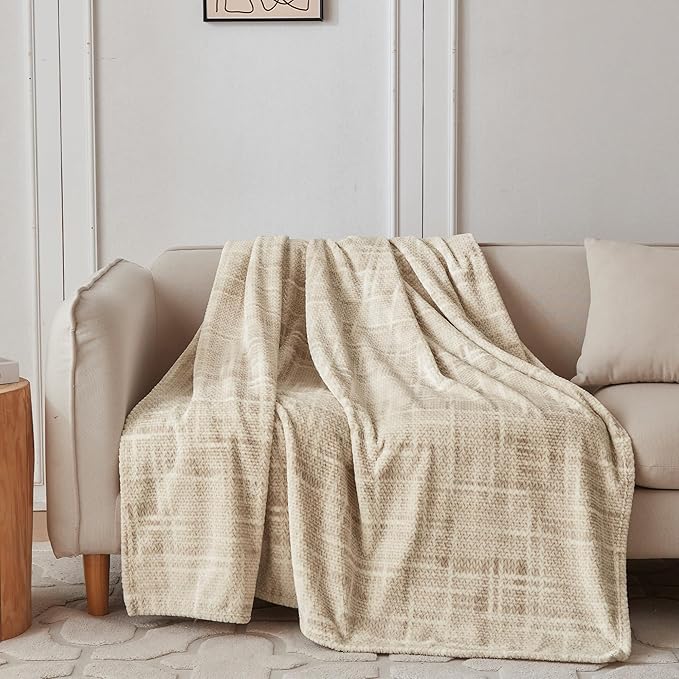 COOVA Fleece Bed Blanket Twin Size, Super Soft and Cozy 3D Jacquard Warm Blankets, Lightweight and Fuzzy Throw for Couch, Sofa, Chair, Giftable (Taupe, 60"x80")