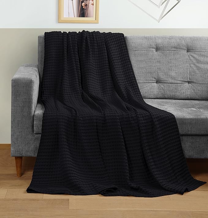 Utopia Bedding Black 100% Cotton Waffle Blanket 300 GSM [Queen - 90x90 Inch] Soft Lightweight Breathable Bed Blanket for All Season