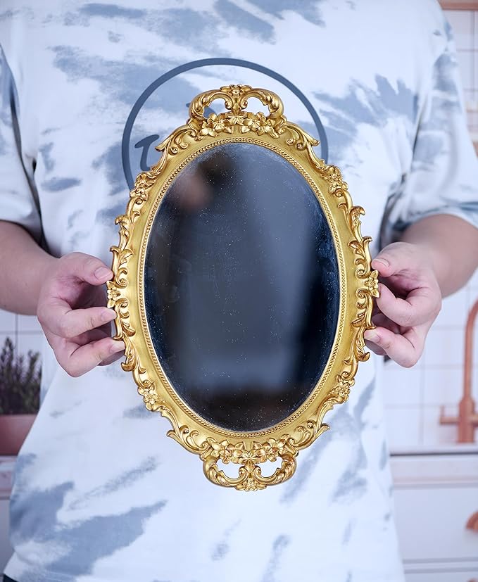 2 Pack - Vintage Decorative Gold Framed Mirror, Wall Hanging Mirrors & Tabletop Tray for Bedroom Living Room Dresser Decor, Oval- 9.6" W x 14.3" L (GOLD-2PACK)
