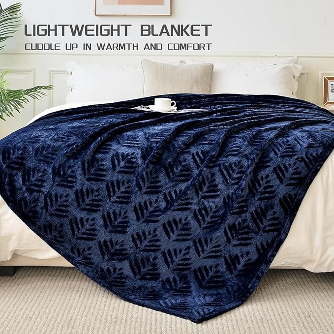 Exclusivo Mezcla Queen Size Fleece Blanket for Bed, Super Soft and Cozy Blankets All Season Use, Leaves Pattern, Plush Fuzzy Lightweight, Navy Blue, 90x90 Inch