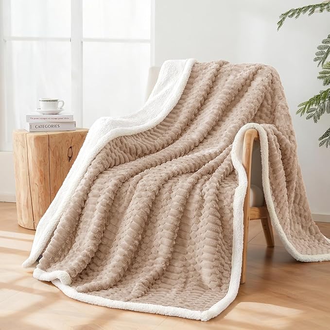 Sherpa Throw Blanket for Couch Flannel Cozy Soft Thick Blanket Warm Twin Blanket for Bed Fleece Home Decor Gifts, Z01 - Beige, 60"*80"
