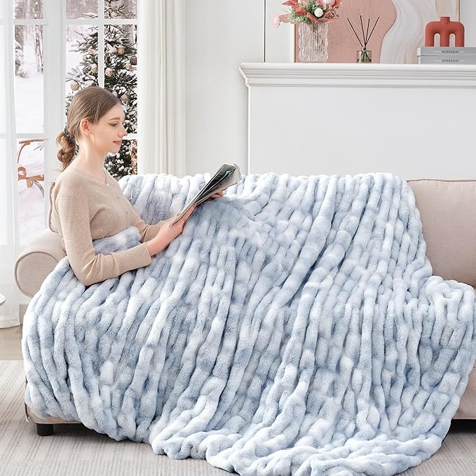 Touchat Ruched Faux Rabbit Fur Throw Blanket, 700 GSM Luxury Dual-Sided Soft Cozy Blanket, Fuzzy Fluffy Plush Blanket for Bed, Couch and Sofa - 50"x60", Tie-dye Blue