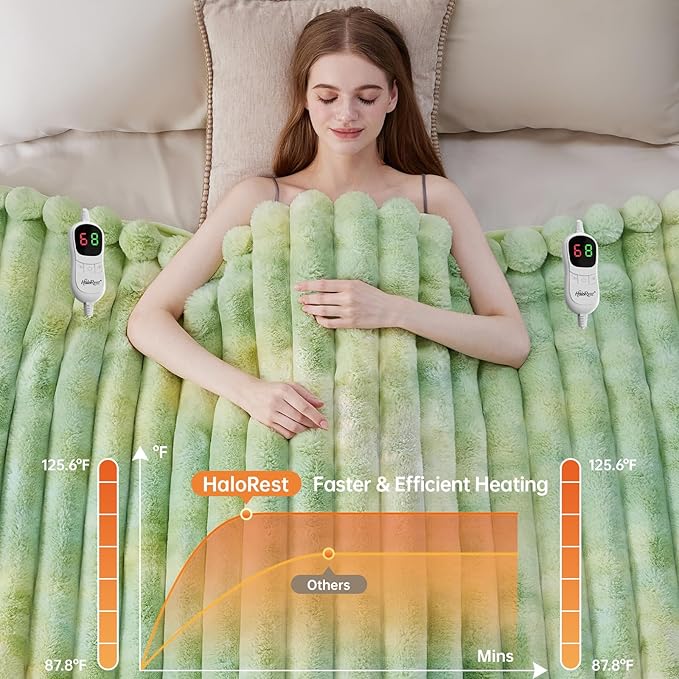 Heated Throw Blanket, Faux Fur Cozy Heating Blanket with Overheat Protection, 1/2/4/6/8 Hours Auto-Off 10 Heat Level, Machine Washable (90x100 Inches, Tie-Dye Green)