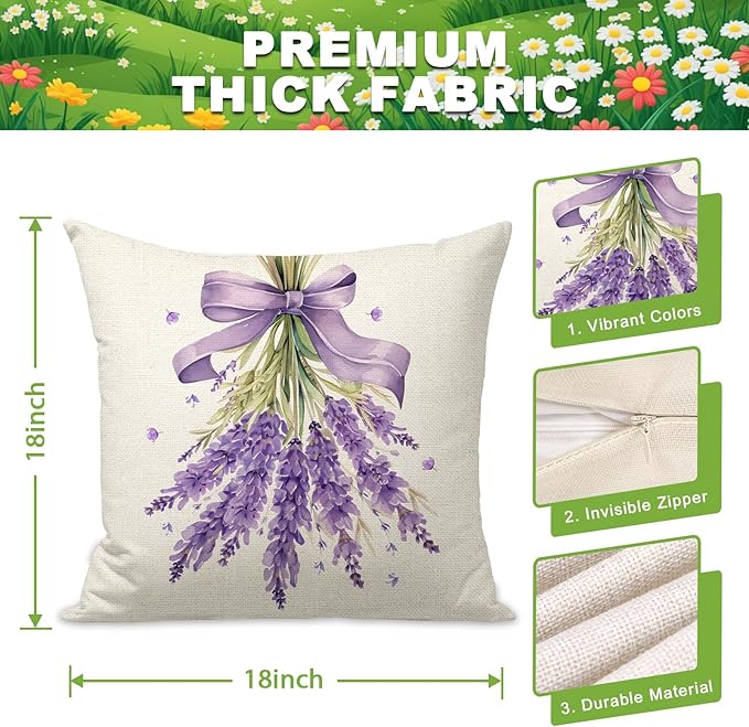 Spring Pillow Covers 18x18 Inch Set of 4 Lavender Home Sweet Home Purple Throw Pillows Decorative Pillow Cases Summer Seasonal Farmhouse Decorations for Sofa Couch