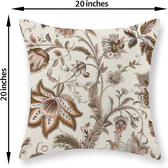 Brown Pillow Covers 20x20 Set of 2 Brown Chinoiserie Floral Throw Pillows Boho Vintage Flowers Decorative Pillow Cases Outdoor Chinoiserie Decor Farmhouse Linen Cushion Cover for Couch Sofa