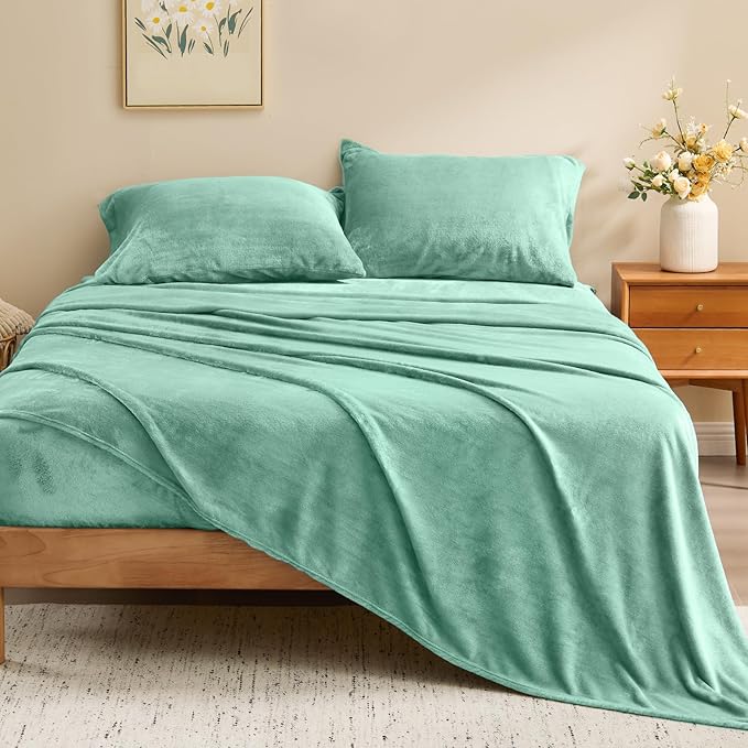 BEDELITE Flannel Sheets Queen Size Haze Blue - Super Soft Fleece Sheets Set Fluffy Extra Plush, 4 Piece(Include Fitted Sheet, Flat Sheet, 2 Pillowcases)