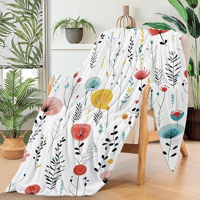 yuboo Spring Floral Throw Blanket for Couch Sofa Bed - Soft Flannel Fleece Blanket with Colorful Wildflowers, Cute Aesthetic Botanical Decor, Warm Cozy Gifts for Women Mom Girls, 50x60 Inch