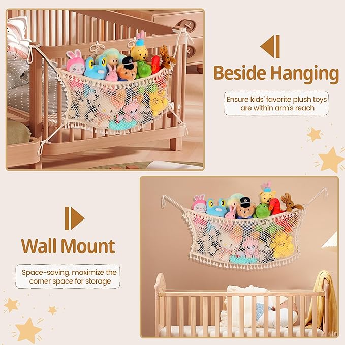 2 Pack Stuffed Animal Storage Net, Large Bedside Toy Organizer Net, Cotton Plushie Toy Storage Hammock with Tether for Stuffed Animals Playroom Organization