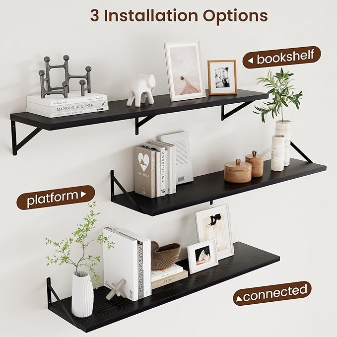 Axeman Floating Shelves for Wall Black- 48 Inch Wide x 12 Inch Deep Wall Shelves Set of 2 - Black Deep Wood Floating Shelves for Living Room Bedroom Laundry Room