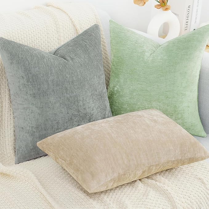 decorUhome Chenille Beige Throw Pillow Covers 24x24 Inch Set of 2, Decorative Soft Couch Pillow Covers Solid Dyed Accent Farmhouse Neutral Square Pillow Cases for Sofa