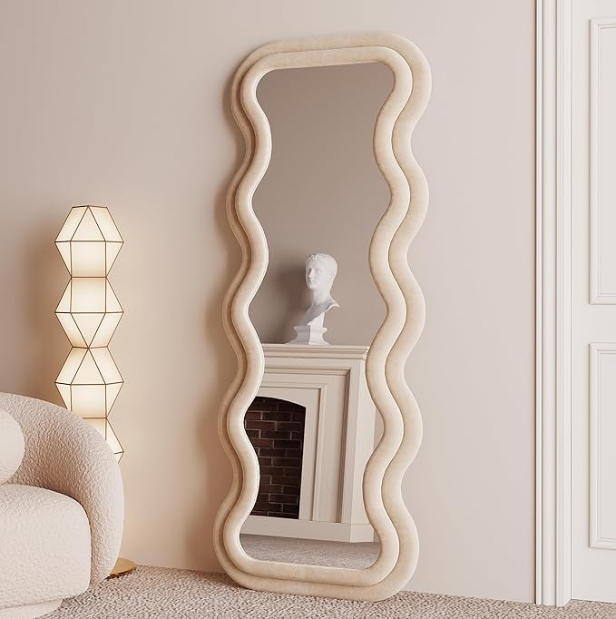 BOJOY Full Length Irregular Wavy Mirror 63"x24", Arched Floor Mirror Standing Hanging or Leaning Against Wall for Bedroom, Flannel Wrapped Wooden Frame -Light Coffee