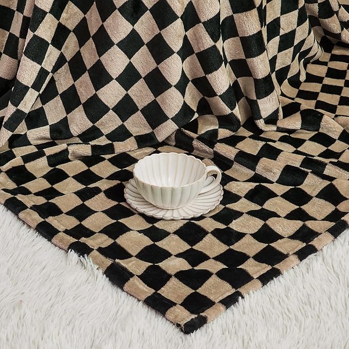 FY FIBER HOUSE Checkered Flannel Fleece Throw Blanket Soft Cozy Checkerboard Grid Print Chessboard Gingham Pattern Blankets for Bed Couch Sofa, 60"x80", Black Brown