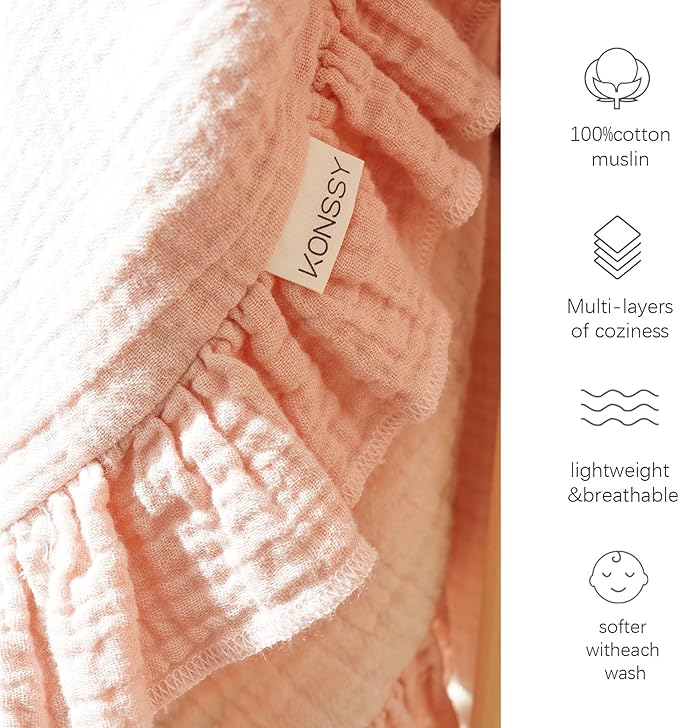 Konssy Flounce Muslin Baby Blanket for Girls Boys, 100% Cotton Soft Crib Swaddle Blankets, Reversible & Breathable Nursery Bedding for Newborns Toddlers, 40 x 36 Inches (Pink)