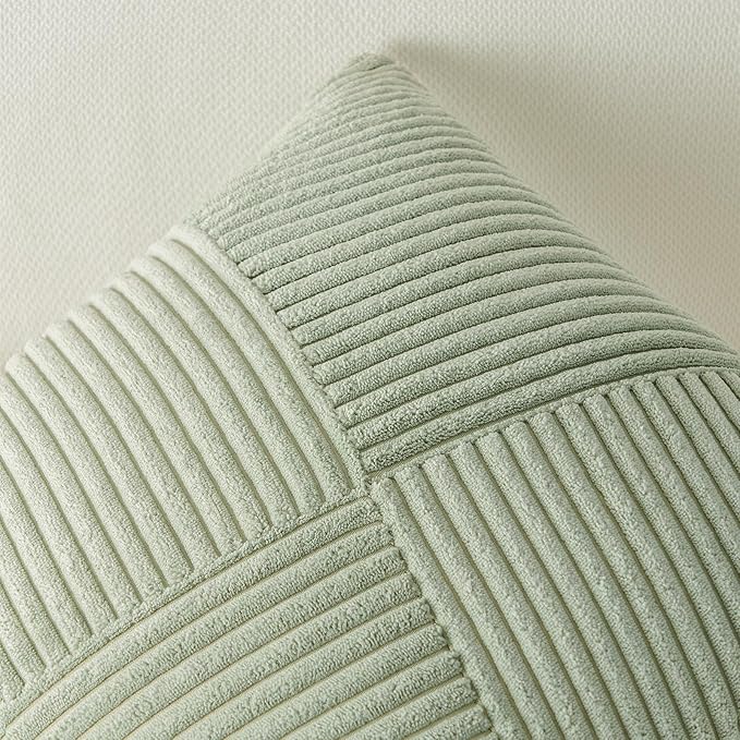 Topfinel 24x24 inches Sagegreen Euro Pillow Shams Set of 2 Corduroy Decorative Throw Pillow Covers for Bedroom Living Room, Windmill Textured Striped Patchwork Couch Pillow Covers 60x60 cm