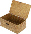 Hipiwe Wicker Shelf Baskets Bin with Lid, Handwoven Seagrass Basket Storage Bins Rectangular Household Basket Boxes for Shelf Wardrobe Home Organizer, Caramel Small