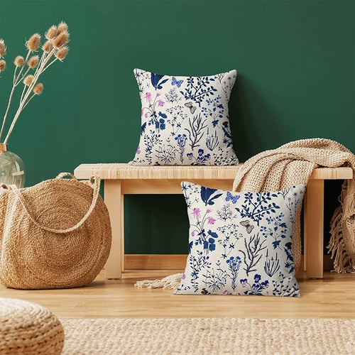 AEIOAE Summer Pillow Covers 20x20 Inch Set of 2,Navy Blue Wild Flower Plant Throw Pillows Case,Seasonal Floral Outdoor Decorative Square Linen Farmhouse Decor Cushion Covers for Home Sofa Bed Couch