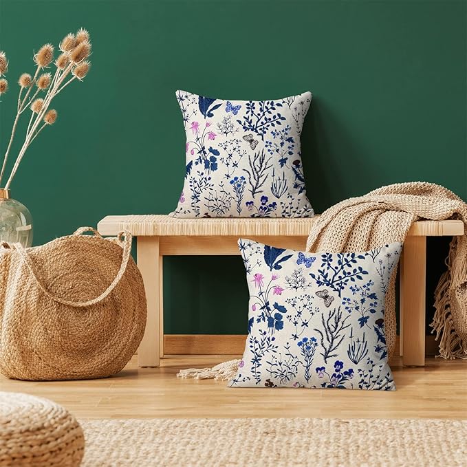AEIOAE Summer Pillow Covers 16x16 Inch Set of 2,Navy Blue Wild Flower Plant Throw Pillows Case,Seasonal Floral Outdoor Decorative Square Linen Farmhouse Decor Cushion Covers for Home Sofa Bed Couch