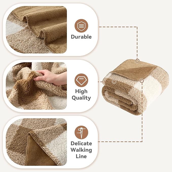 LURKA Checkered Sherpa Fleece Throw Blanket – Soft and Cozy, Medium Weight for All Season, Plush Throw for Couch, Bed & Pets, Brown, 50x60 Inches