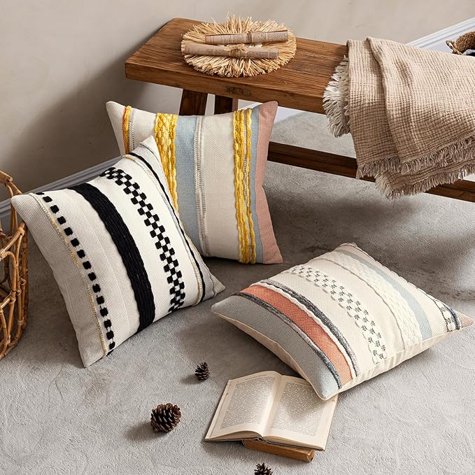 ANRODUO Pack of 2 Boho Decorative Throw Pillow Covers 18x18 Farmhouse Cushion Case Striped Chenille Pillow Cases Square Pillow Covers Accent Neutral Pillowcase for Sofa Couch Bed, Orange-Blue Stripe