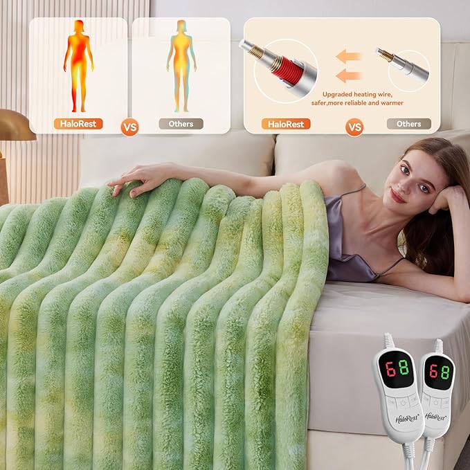 Heated Throw Blanket, Faux Fur Cozy Heating Blanket with Overheat Protection, 1/2/4/6/8 Hours Auto-Off 10 Heat Level, Machine Washable (84x90 Inches, Tie-Dye Green)