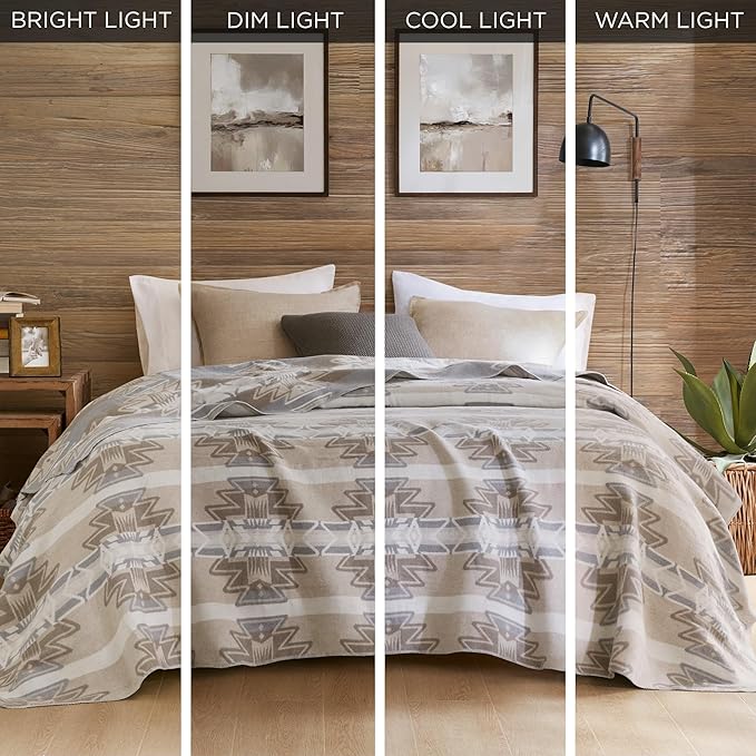 Woolrich Cotton Blend Jacquard Blanket with Whipstitch Edge, Lightweight All-Season Bed Blanket, Machine Washable, Oeko-TEX Certified, Neutral Aztec, Twin