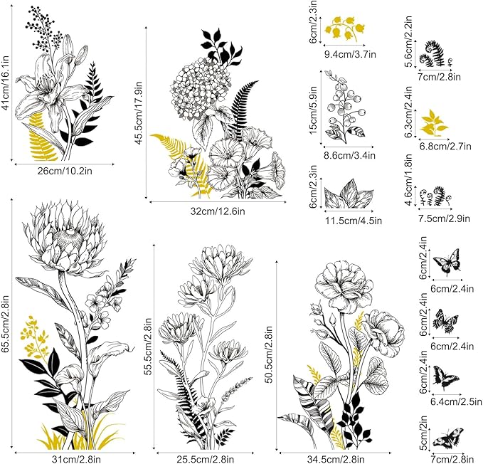 Black Yellow Flower Wall Decals, 3 Sheets Sketch Garden Floral Wall Stickers Simple Line Wildflower Grass Butterflies Art Decor Bedroom Bathroom Hallway Sofa Gifts for Mom(11.8x35.4 in/Sheet)