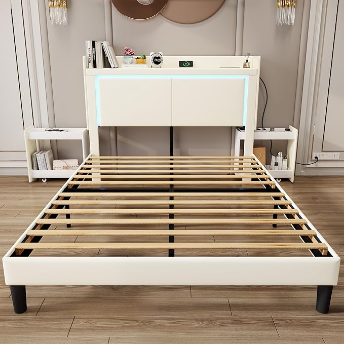 Queen PU Upholstered LED Bed Frame with Rolling Storage Nightstands, Bed Frame Queen Size with Charging Station, Wooden Slats Support, No Box Spring Needed, Noiseless, Beige White