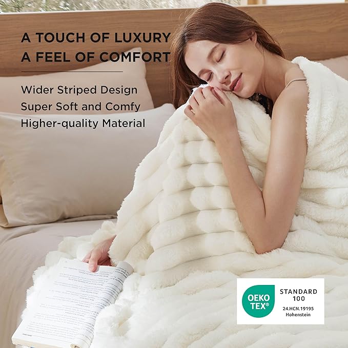 Bedsure Blankets Queen Size for Bed - 350GSM Super GentleSoft Fuzzy Fluffy Cozy Blankets for Women, Cute Large Plush Fleece Throws for Girls, White，90x90 Inches, Wider Striped Design