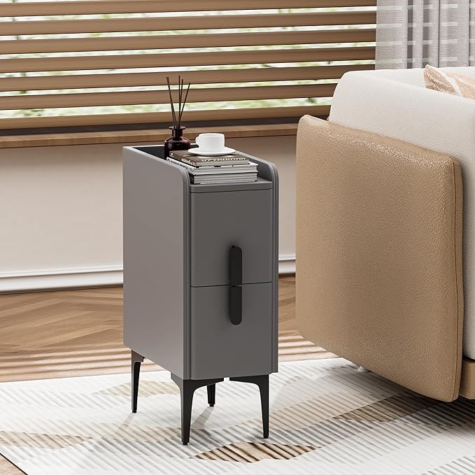 VICITON Narrow Nightstand with 2 Drawers, Narrow Side Table Leather Surface, Slim Bedside Table for Bedrooms, Dormitories, Living Rooms (Light Gray, 15.7" D x 7.8" W x 22.4" H)