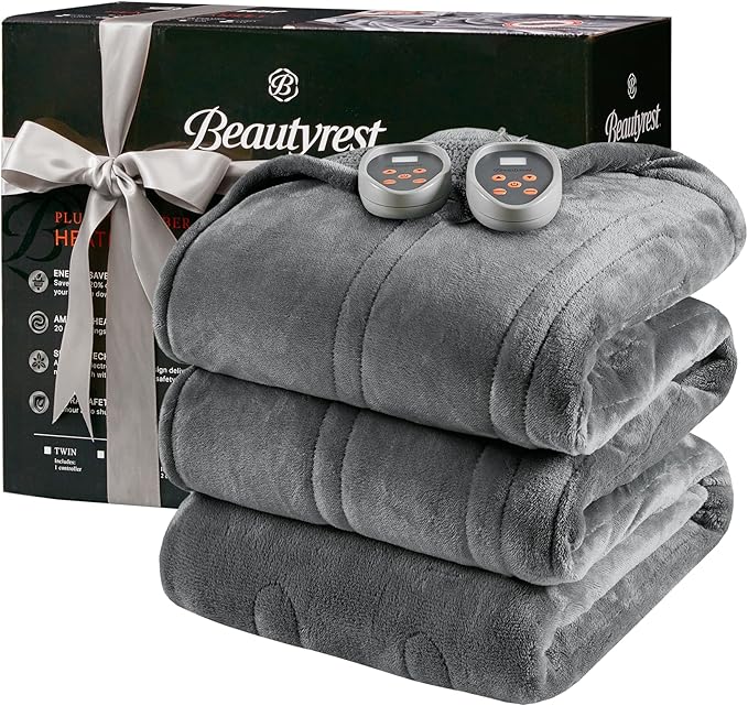 Beautyrest Heated Blanket, Electric Blanket, Soft, Warm, Reversible Plush - Sherpa Heating Blanket with 20 Heat Settings, 1–10 hrs Timer Auto Shut Off, Machine Washable, King (90 in x 100 in), Grey