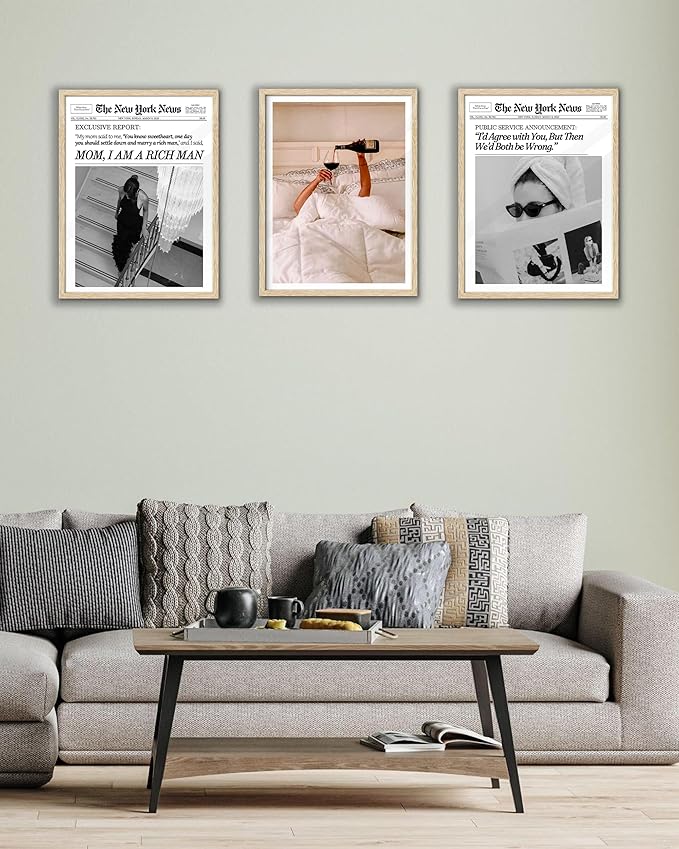 EcoHest Unframed Woman Drinking Wine in Bed Wall Art, 12x16 in OAK Wood Feminist Alcohol Canvas Art, Trendy Teen Girl Bar Cart Print College Room Decor, Beige Logs Set of 1 For Bedroom Living Room
