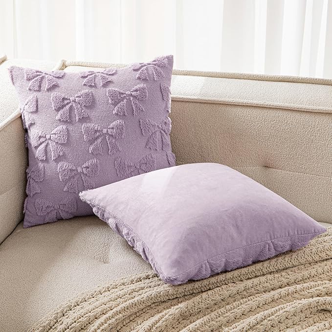 MIULEE Light Purple Bow Pillow Covers Coquette Room Decor Aesthetic Set of 2 Spring Decorative Cute Girl Soft Plush Faux Pillowcase for Preppy Room Bedroom Couch,18x18 Inch
