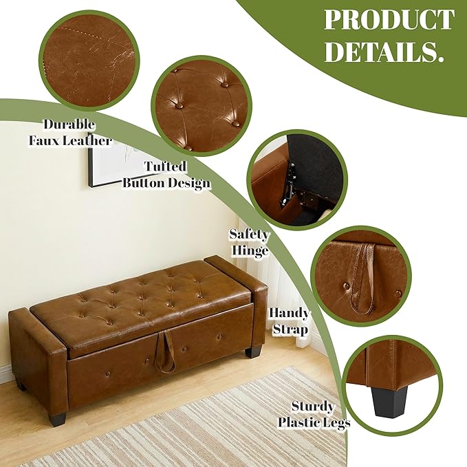 48" PU Leather Storage Ottoman Benches for Bedroom,Tufted Ottomans with Storage for Living Room,Mid Century Modern Bench with Seating for Entryway,Window,Bedside (PU Brown, 48 inch)