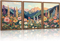 Boho Flower Landscape Wall Art Set of 3, Mountain Wildflower Nature Canvas Prints, Rustic Colorful Daisy Floral Wall Decor for Living Room Bedroom Office Farmhouse Home Decor 24x16In Wood Framed