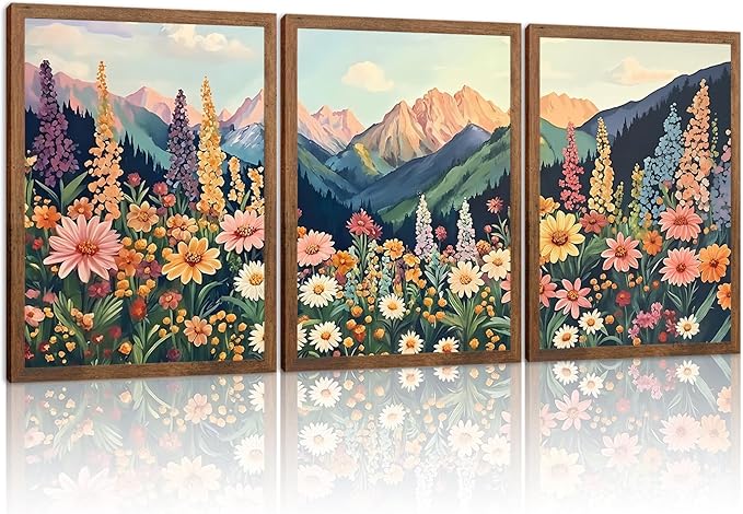 Boho Flower Landscape Wall Art Set of 3, Mountain Wildflower Nature Canvas Prints, Rustic Colorful Daisy Floral Wall Decor for Living Room Bedroom Office Farmhouse Home Decor 24x16In Wood Framed