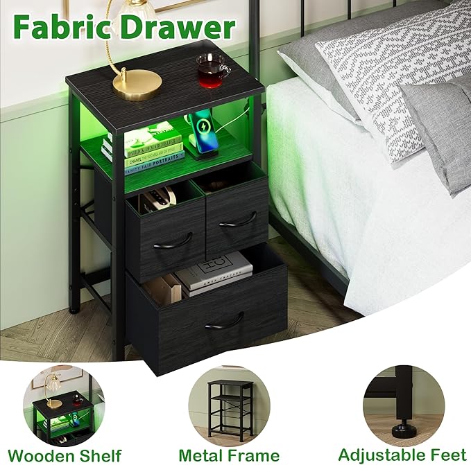 Furnulem Tall Night Stand with Charging Station and Led Light, Small Dresser with Open Shelf and 4 Storage Drawers, Black Side Table Fabric Nightstand for Bedroom, Entryway, Bedside Furniture | and Led Light, Open Shelf, 4 Storage Drawers, for Bedroom,...