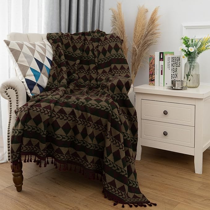 Gealaek Boho Throw Blanket Lightweight Soft Cozy Decorative Blankets for Sofa Bed Farmhouse Throw Blanket Aztec Blanket with Tassel Khaki Olive Wine Checkered 50" x 60"