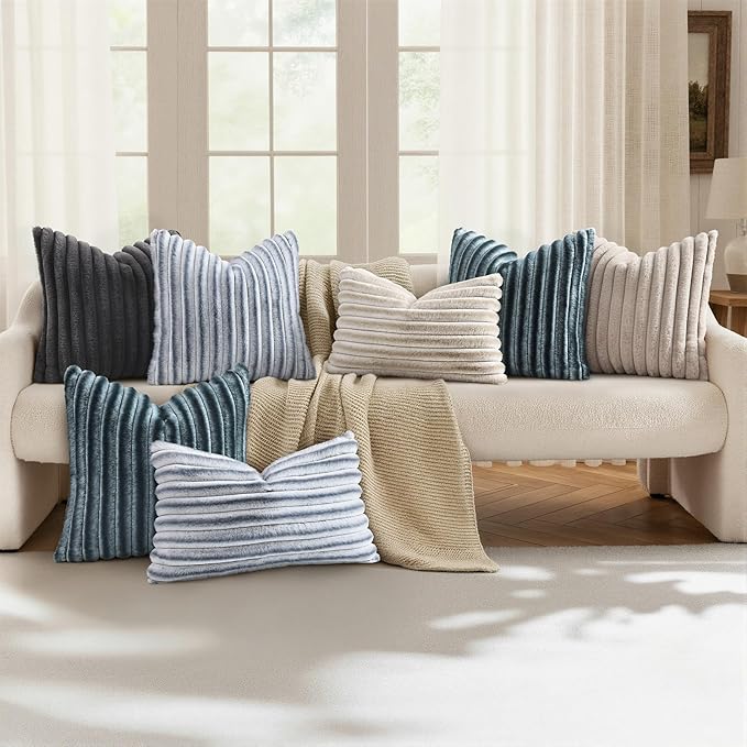 decorUhome Cozy Faux Fur Throw Pillow Covers 18x18 Set of 2 Decorative Soft Plush Striped Modern Farmhouse Boho Couch Pillow Cases with Velvet Back for Sofa Bed Living Room, Dark Grey