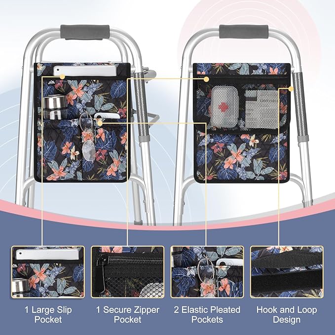 supregear Walker Bag, Universal Seniors Caddy Organizer with Multiple Pockets, Lightweight Accessories for Elderly, Rollators, Wheelchairs and Bedside Rails, Easy to Use Storage Pouch, Floral Black