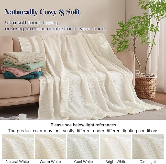 PHF Lightweight Waffle Weave Blanket Twin Size, Breathable & Ultra Soft, 66"x 90" Soft & Cozy Thin Blanket for All Season & Hot Sleepers, Bed, Home Decor - Coconut White